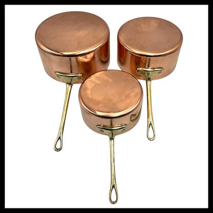 French Copper Pan Set, 3 Copper Saucepans with brass handles