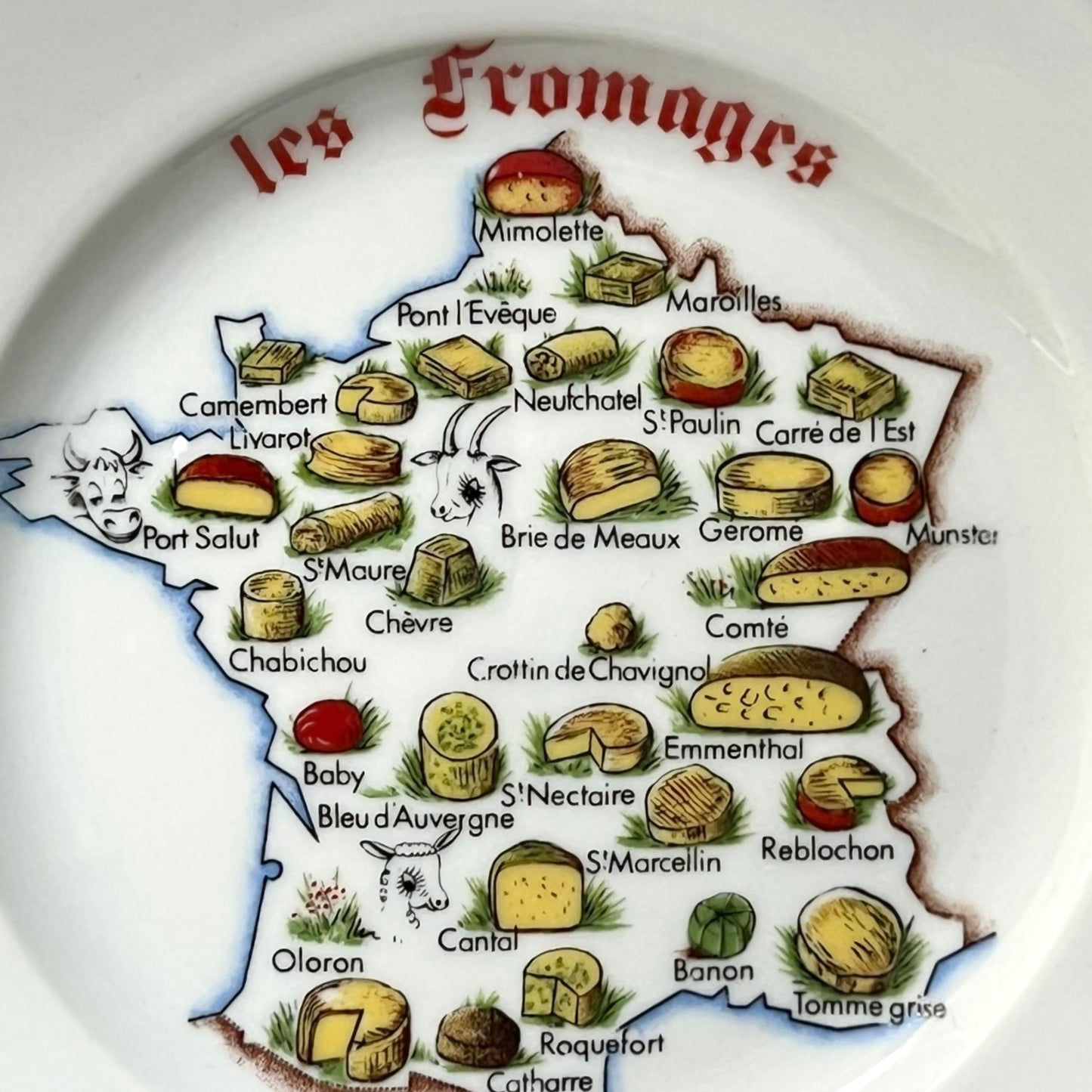 Decorative plate with a map of France featuring various types of cheese.