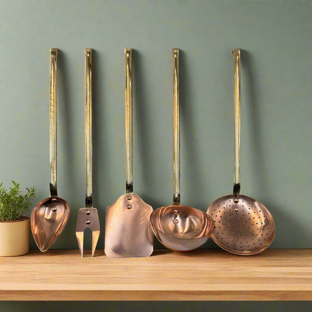 Set of 5 Vintage French Copper Kitchen Utensils, Farmhouse Kitchen Style