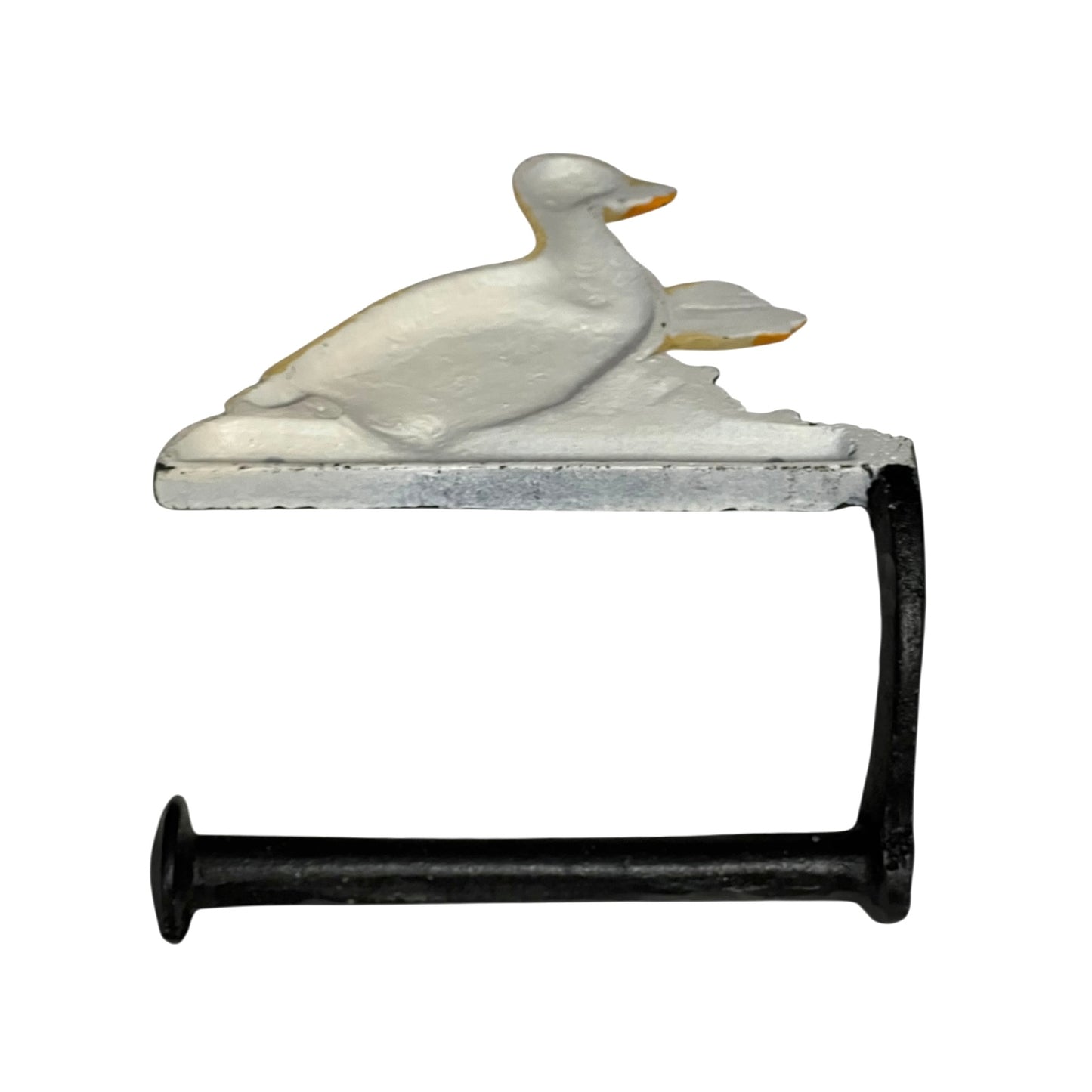 Close up of toilet roll holder with a goose design on a white background