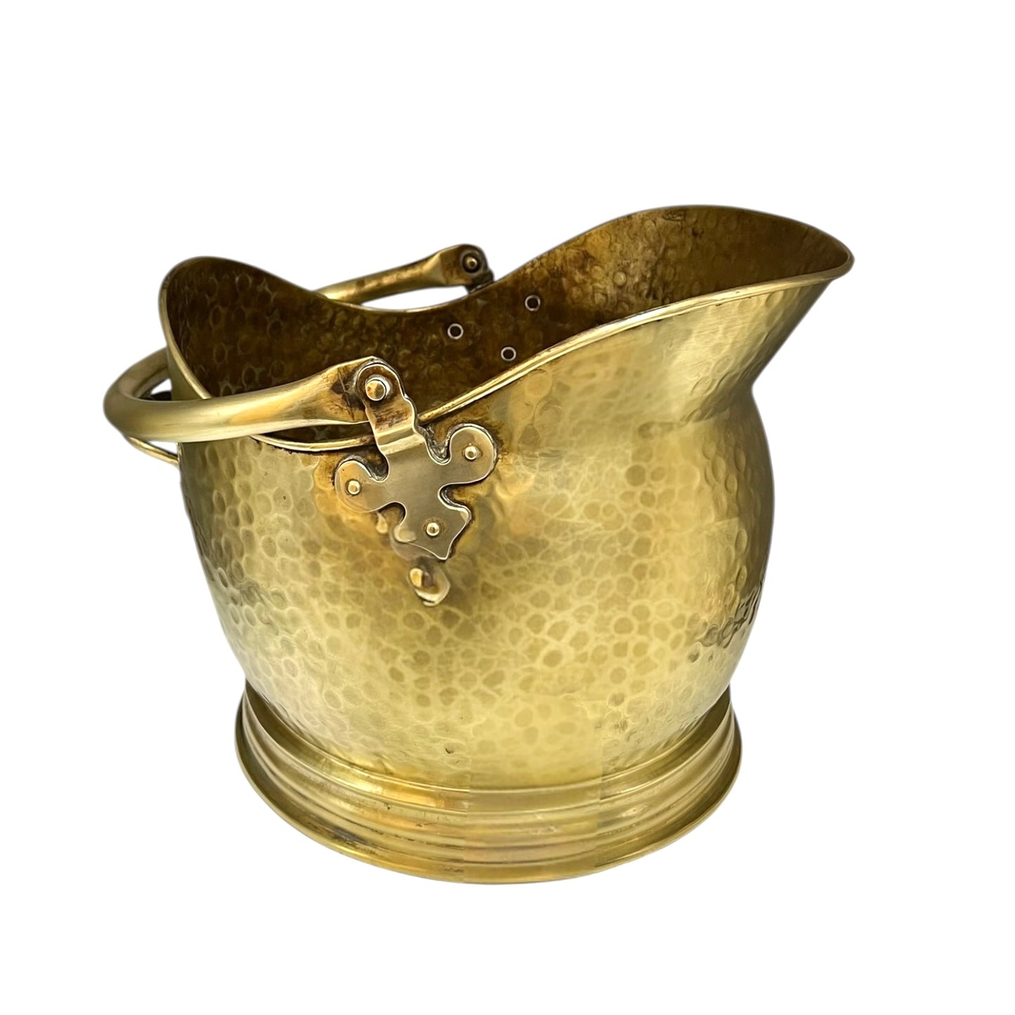 Vintage French brass fireside coal bucket with handle on a white background
