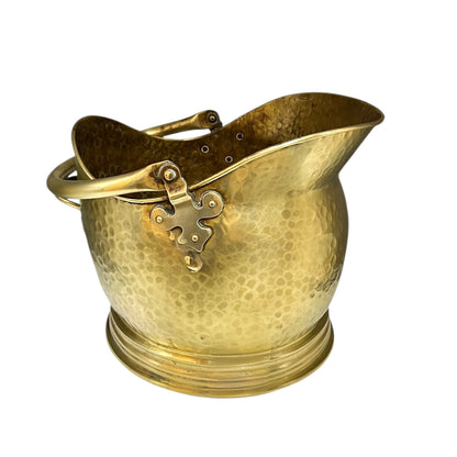 Vintage French brass fireside coal bucket with handle on a white background