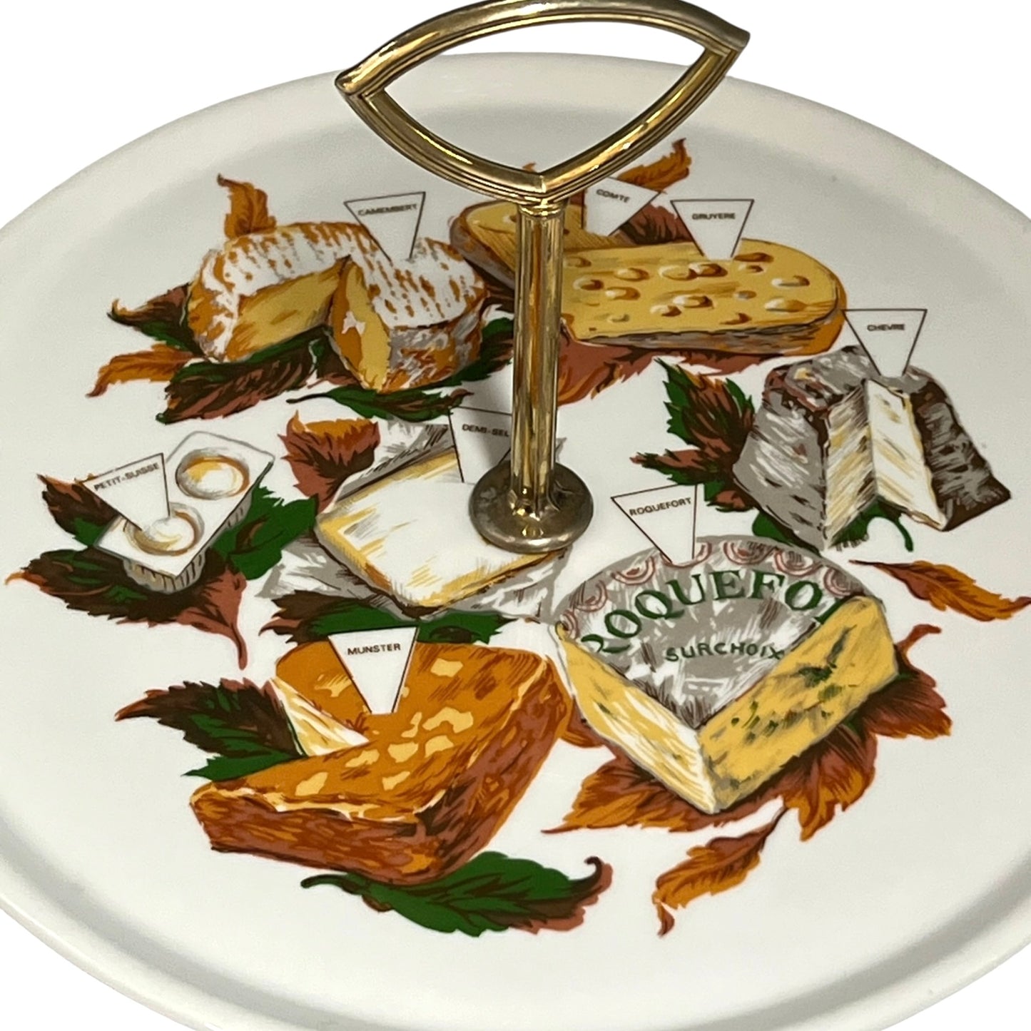 Decorative cheese board with illustrations of cheese and vegetables, ideal for a cheese and wine evening or a buffet, set on a white background