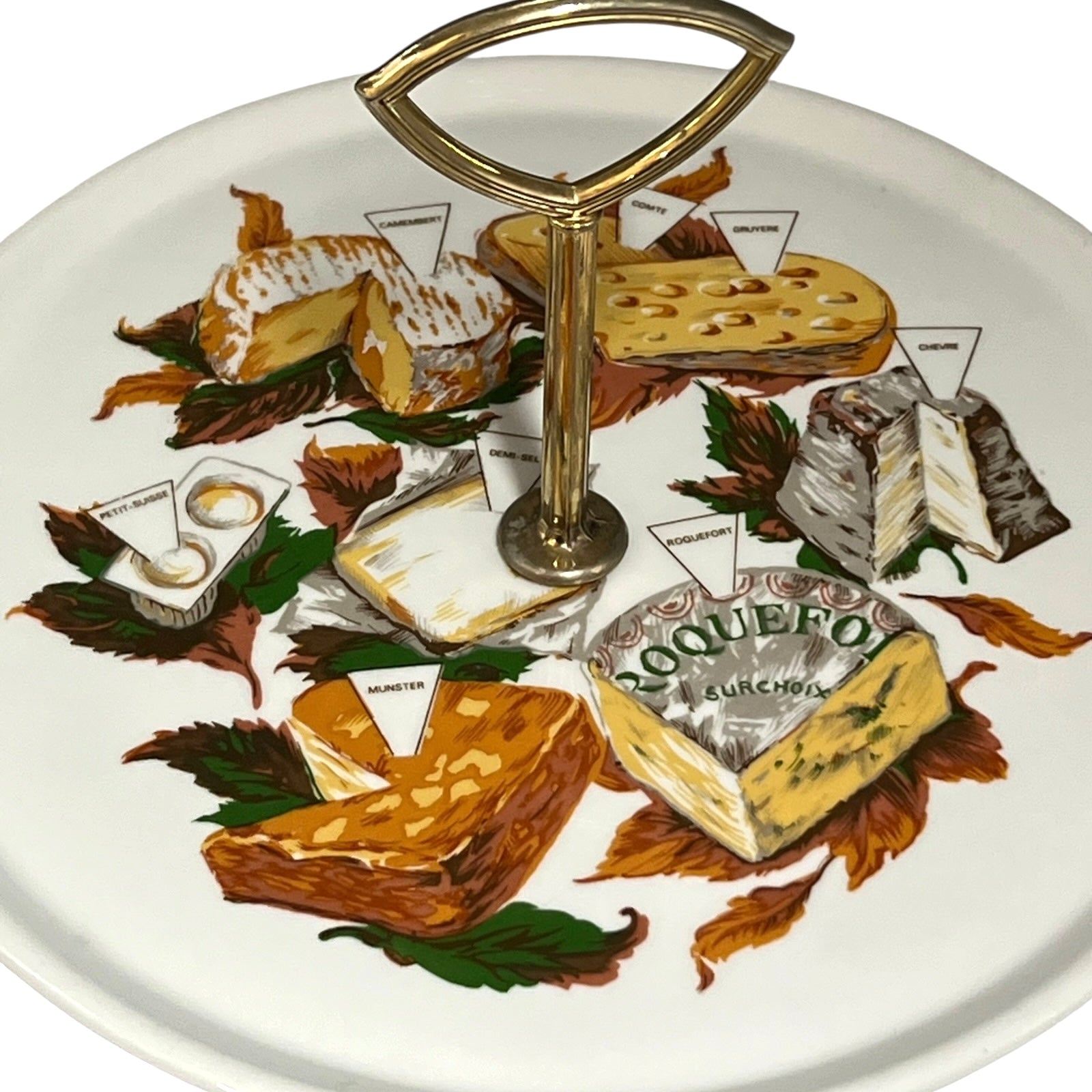 Decorative cheese board with illustrations of cheese and vegetables, ideal for a cheese and wine evening or a buffet, set on a white background