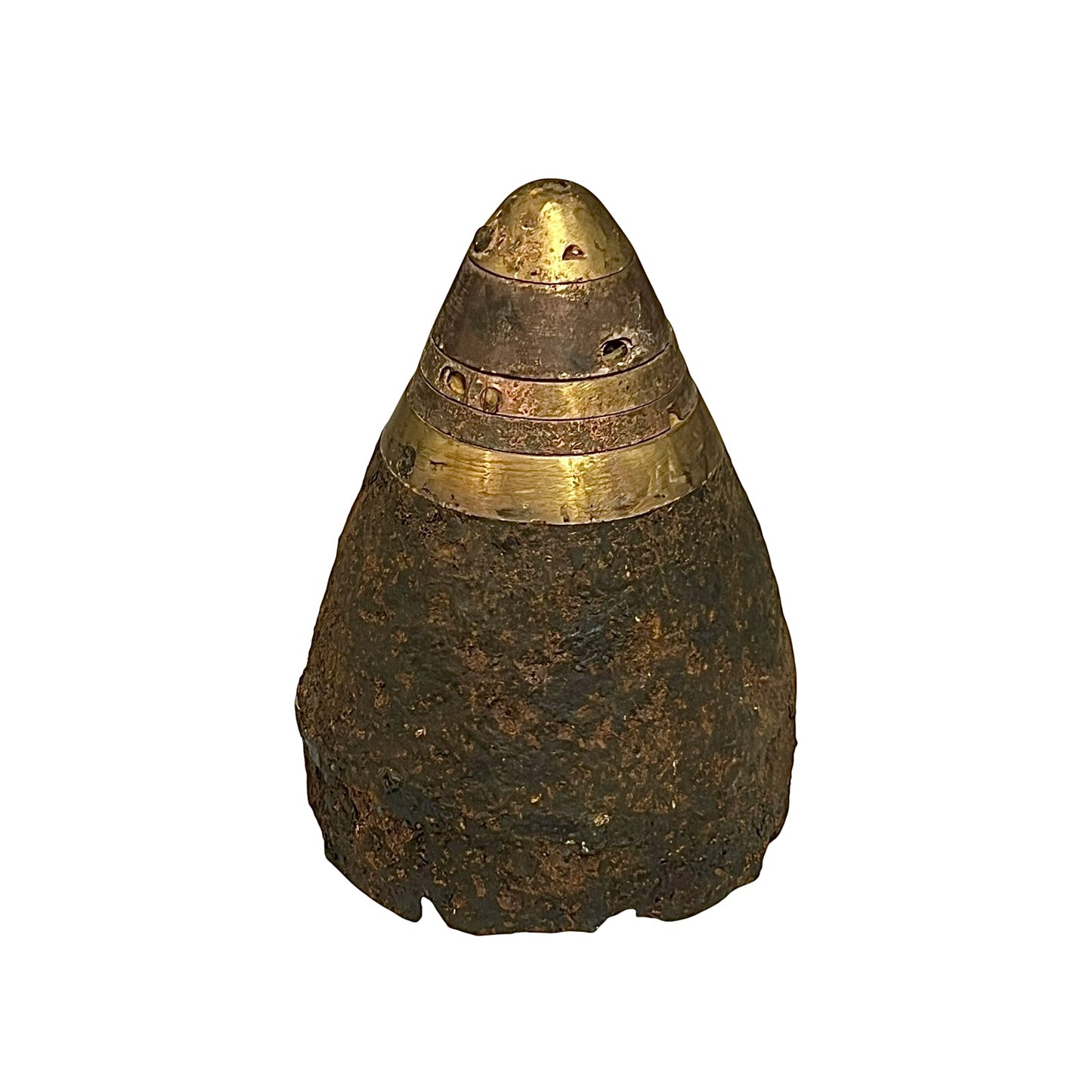 WW1 British 60 pounder nose cone militaria relic, black iron cone with a brass fuse on the top on a white background