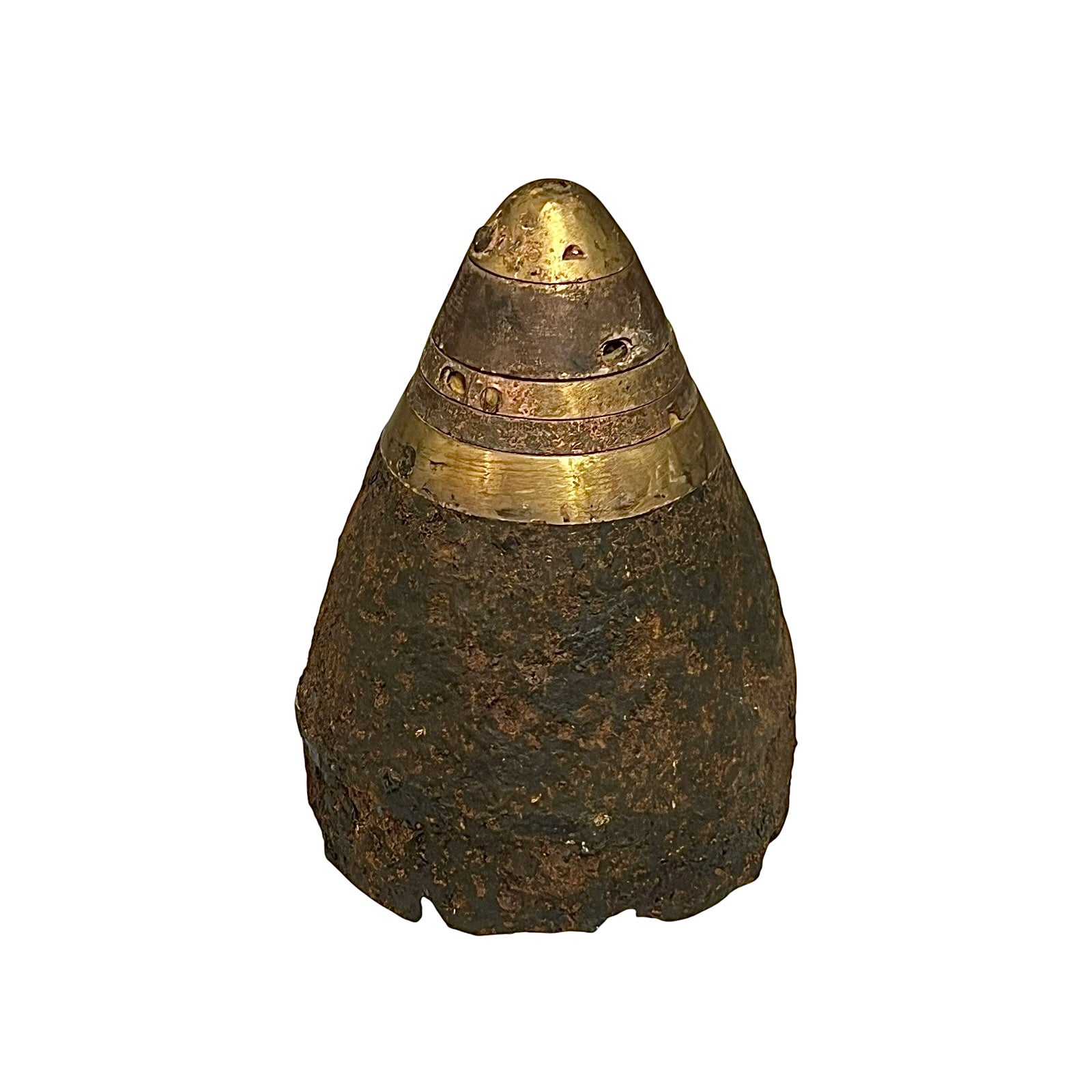 WW1 British 60 pounder nose cone militaria relic, black iron cone with a brass fuse on the top on a white background