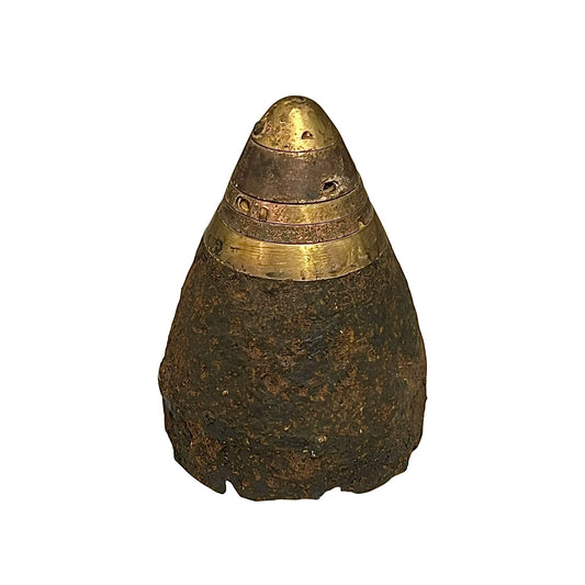 WW1 British 60 pounder nose cone militaria relic, black iron cone with a brass fuse on the top on a white background