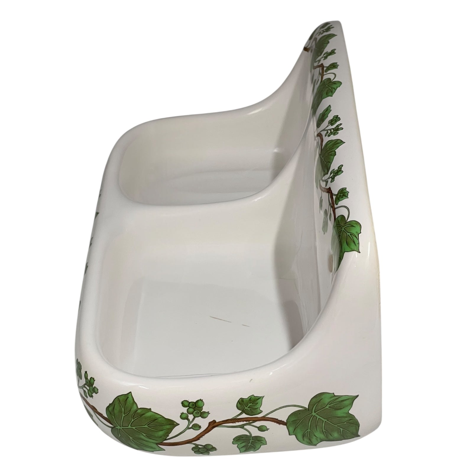 White porcelain double soap dish with green leaf patterns on a white background for sale