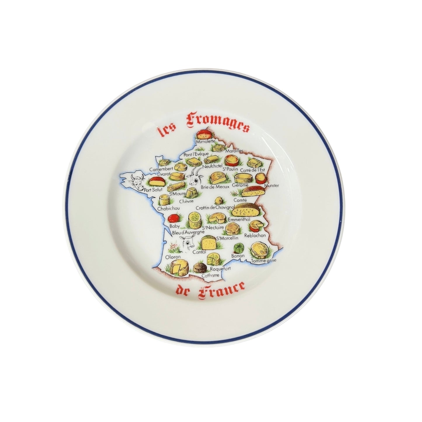 Decorative plate with a map of France featuring various French cheeses.