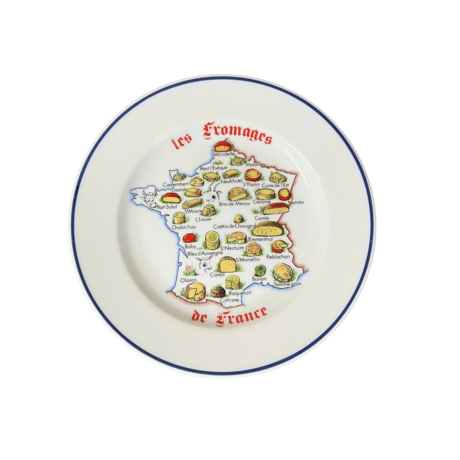Decorative plate with a map of France featuring various French cheeses.
