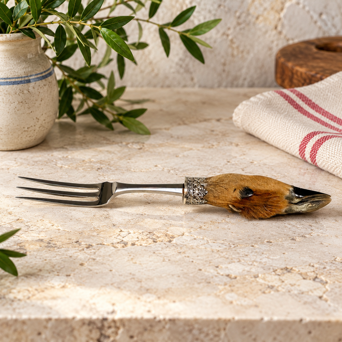 A decorative dinner fork with a deer hoof handle resting on a textured stone surface. The fork has a silver-toned metal head and handle with a small bird design in brown, black, and white, set against a rustic kitchen background with a plant and striped napkin.
