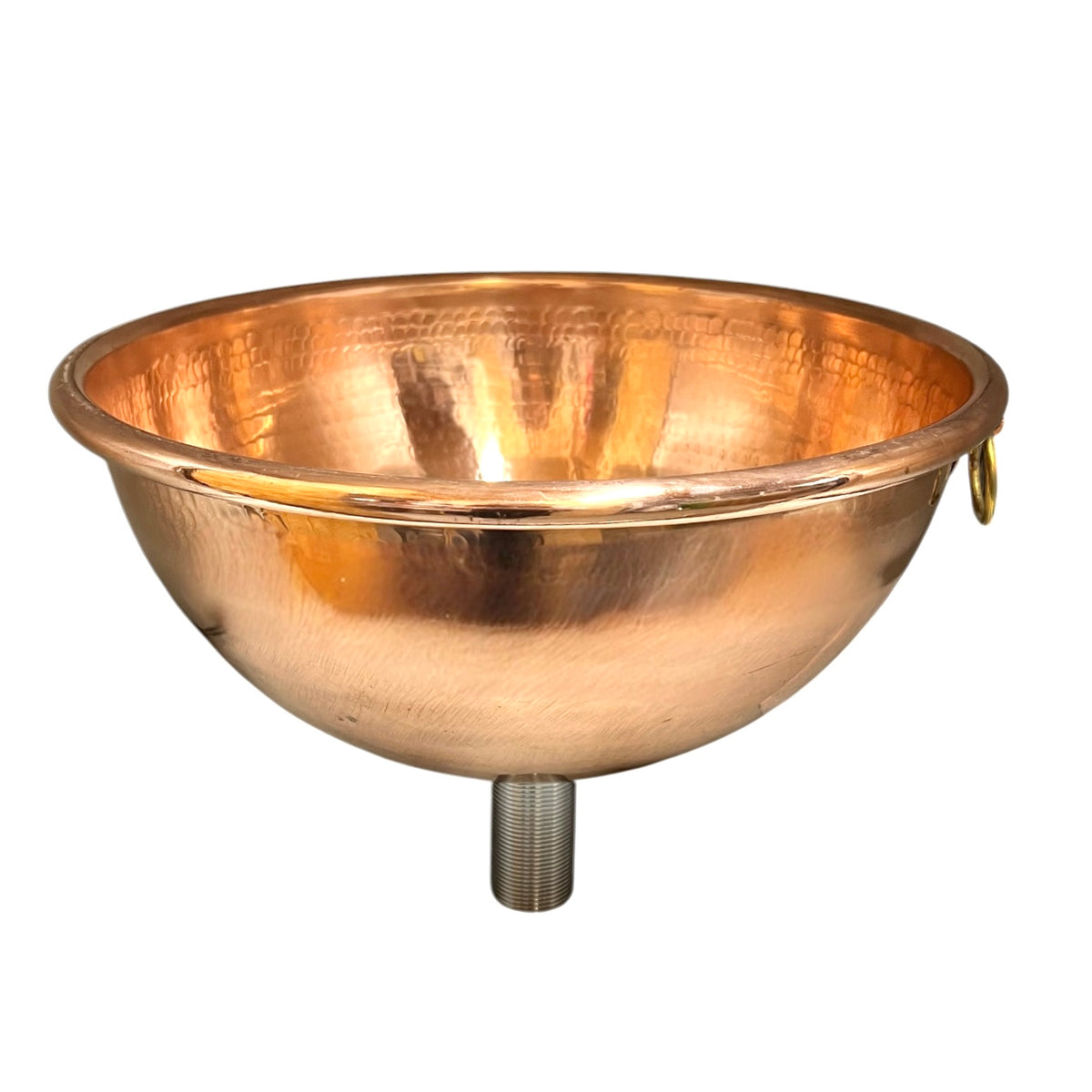 A hammered copper vessel sink basin with a threaded metal drain pipe extending from the bottom center and a small brass ring on the right side, shown against a plain white background.