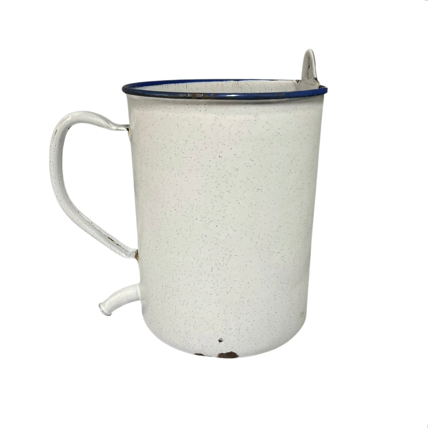 White speckled enamel planter with a blue rim on a white background