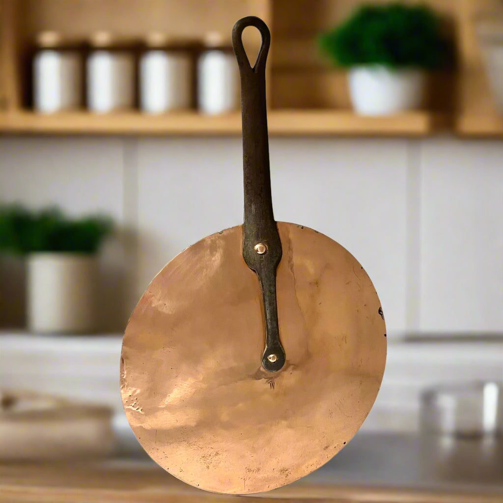 French antique copper pan lid with initial M and cast iron handle