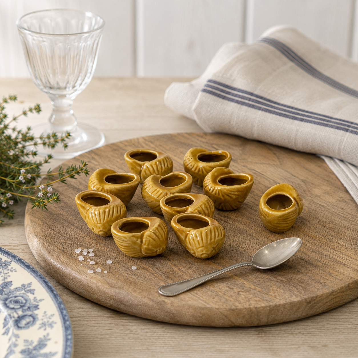 Set of ten miniature vintage French mustard-glazed ceramic snail pots displayed on a rustic wooden board in a softly lit country dining setting.