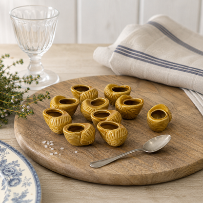 Set of ten miniature vintage French mustard-glazed ceramic snail pots displayed on a rustic wooden board in a softly lit country dining setting.