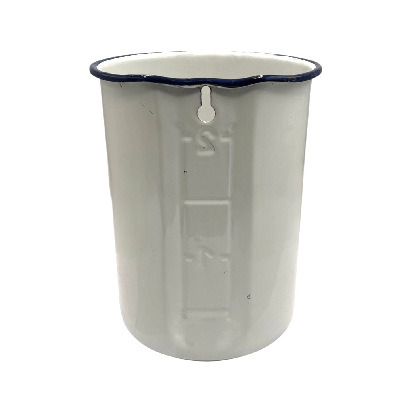 Back of a white enamel planter with a spout on a white background