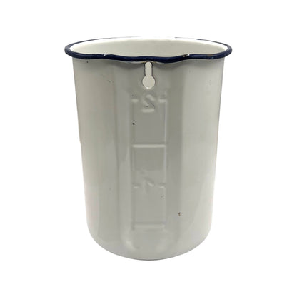 Back of a white enamel planter with a spout on a white background