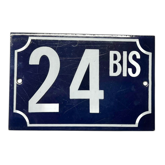 French Blue and white Door Number 24 Sign made from enamel with some scratches, sold by All Things French Store