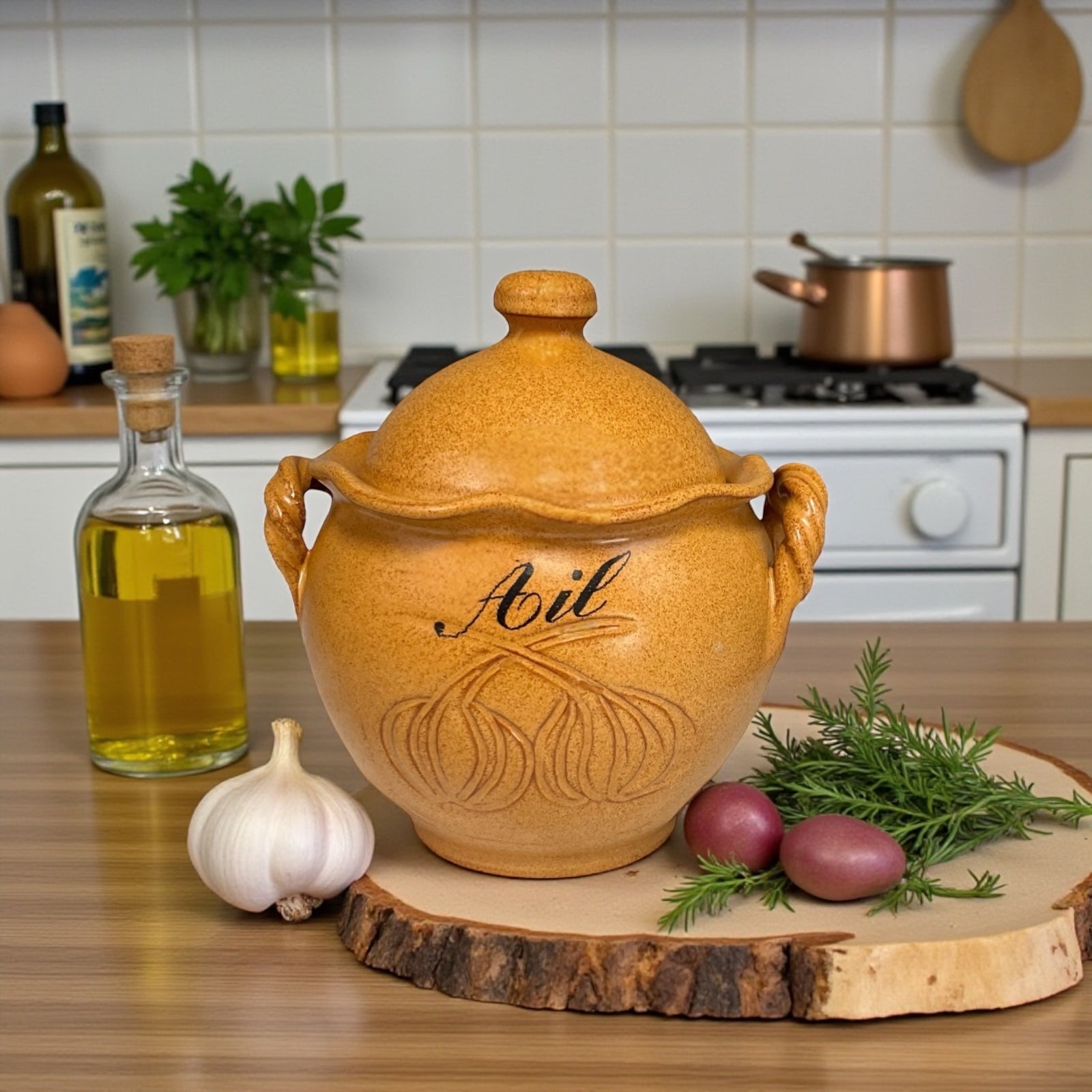 Ceramic crock labeled 'Ail' on a wooden surface with kitchen items in the background