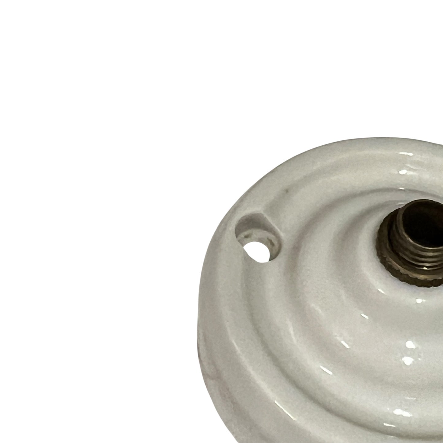 A close-up of a glossy white ceramic ceiling light socket with a threaded metal contact point and a mounting hole, shown on a plain white background.