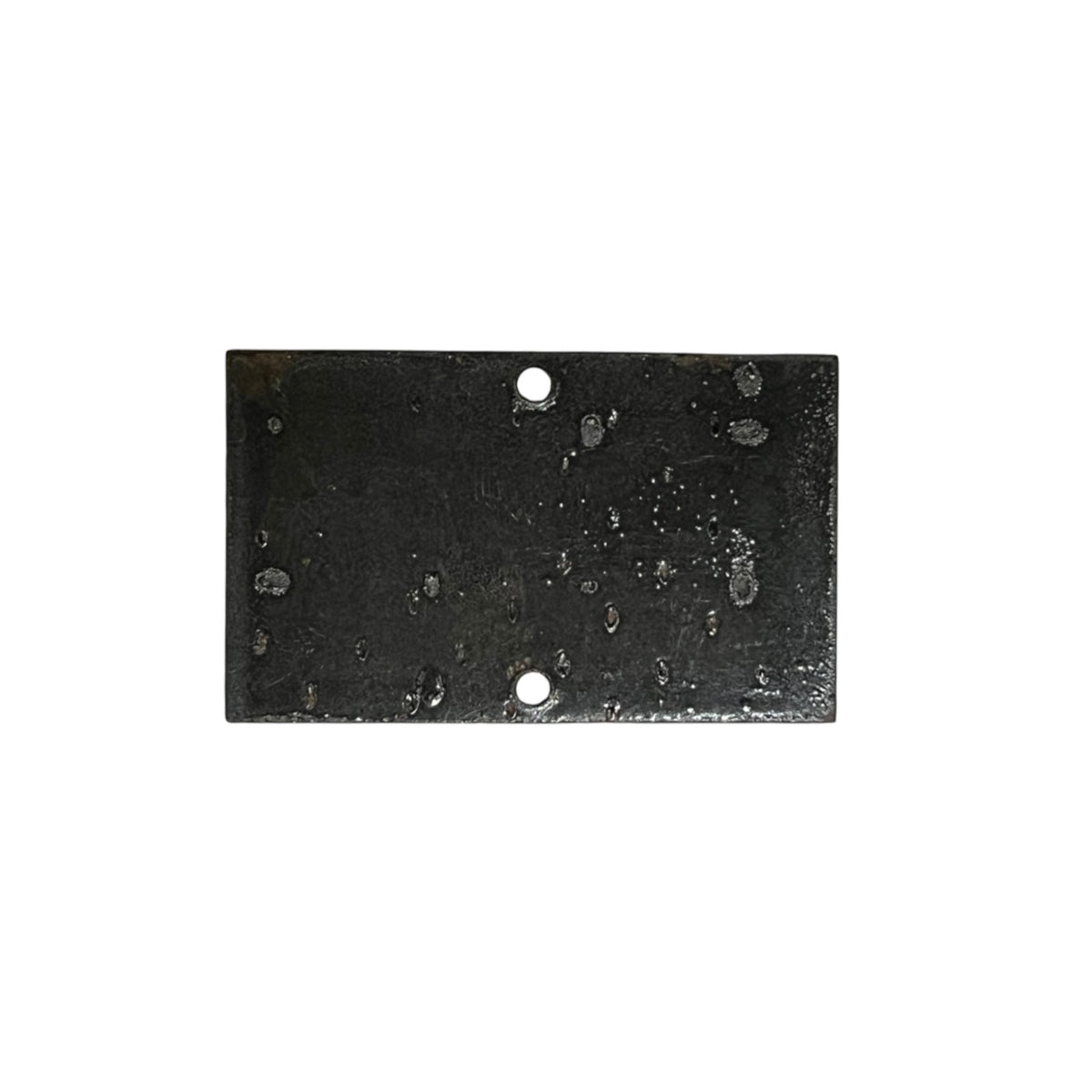 A rectangular black metal plate with a textured, speckled finish and two pre-drilled holes, shown against a plain white background.