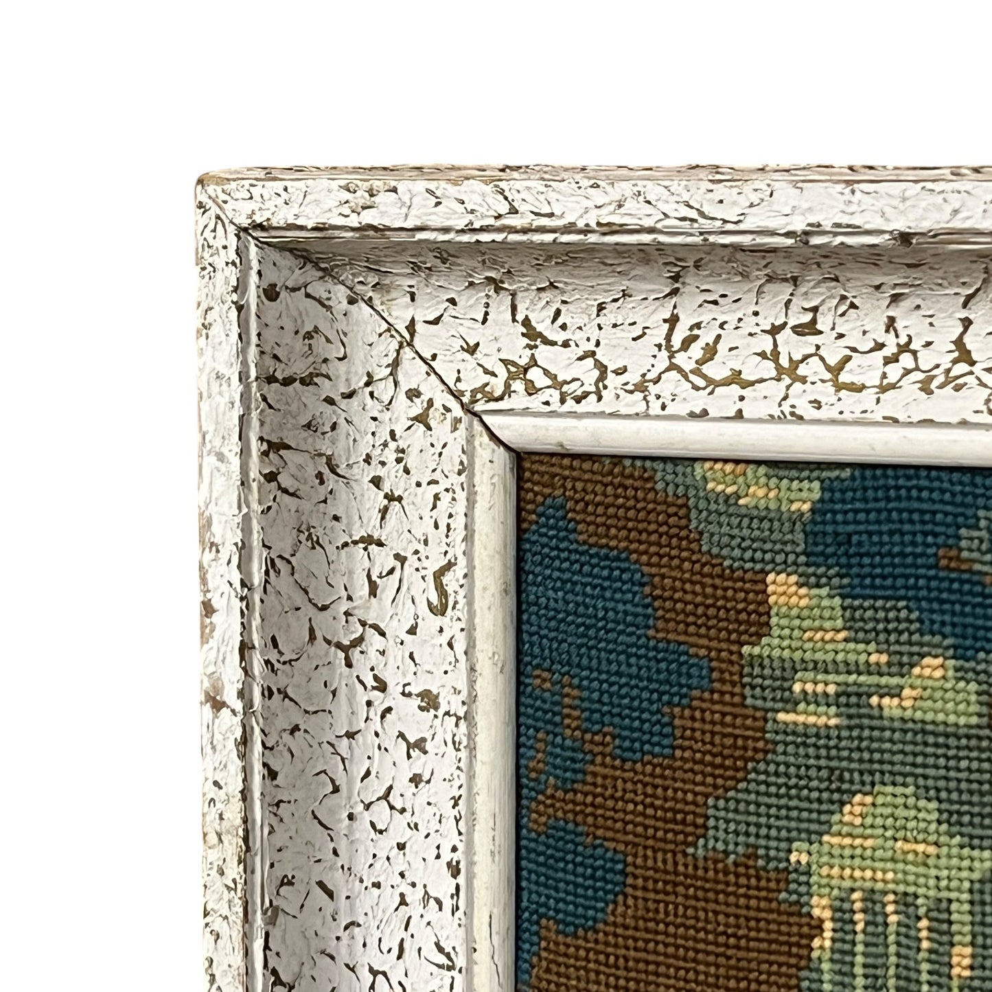 close up of a French vintage tapestry on a white background