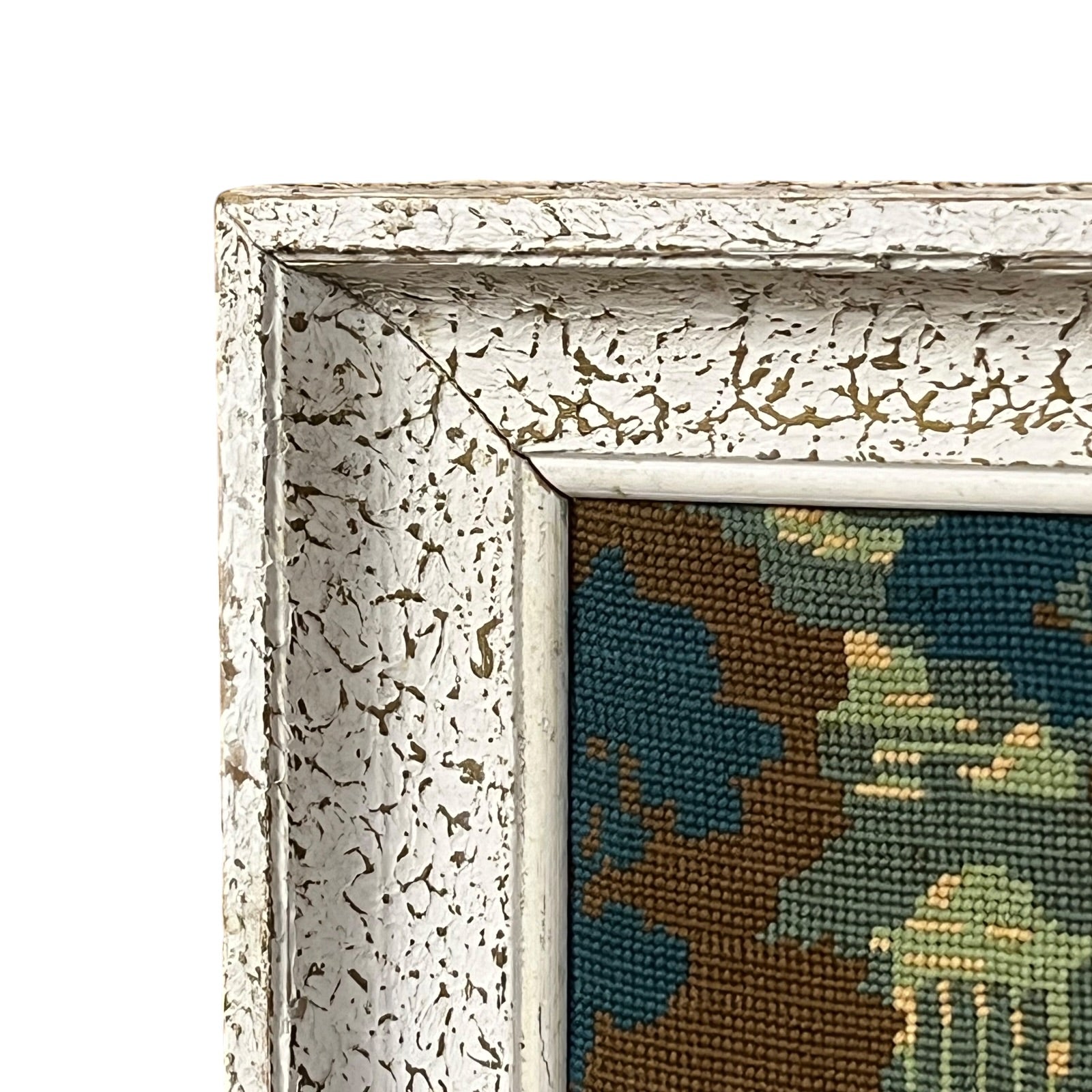 close up of a French vintage tapestry on a white background