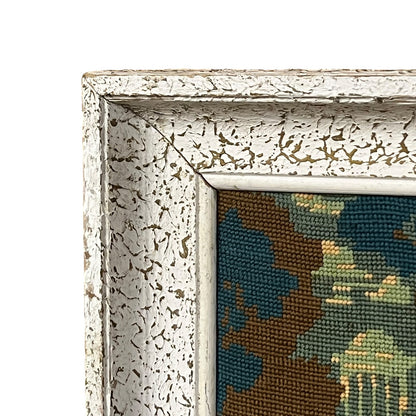 close up of a French vintage tapestry on a white background