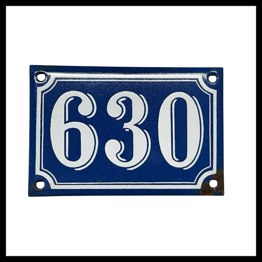 French Vintage Antique Enamel Door Number 630, White and Blue House Number 630 for sale from All Things French Store