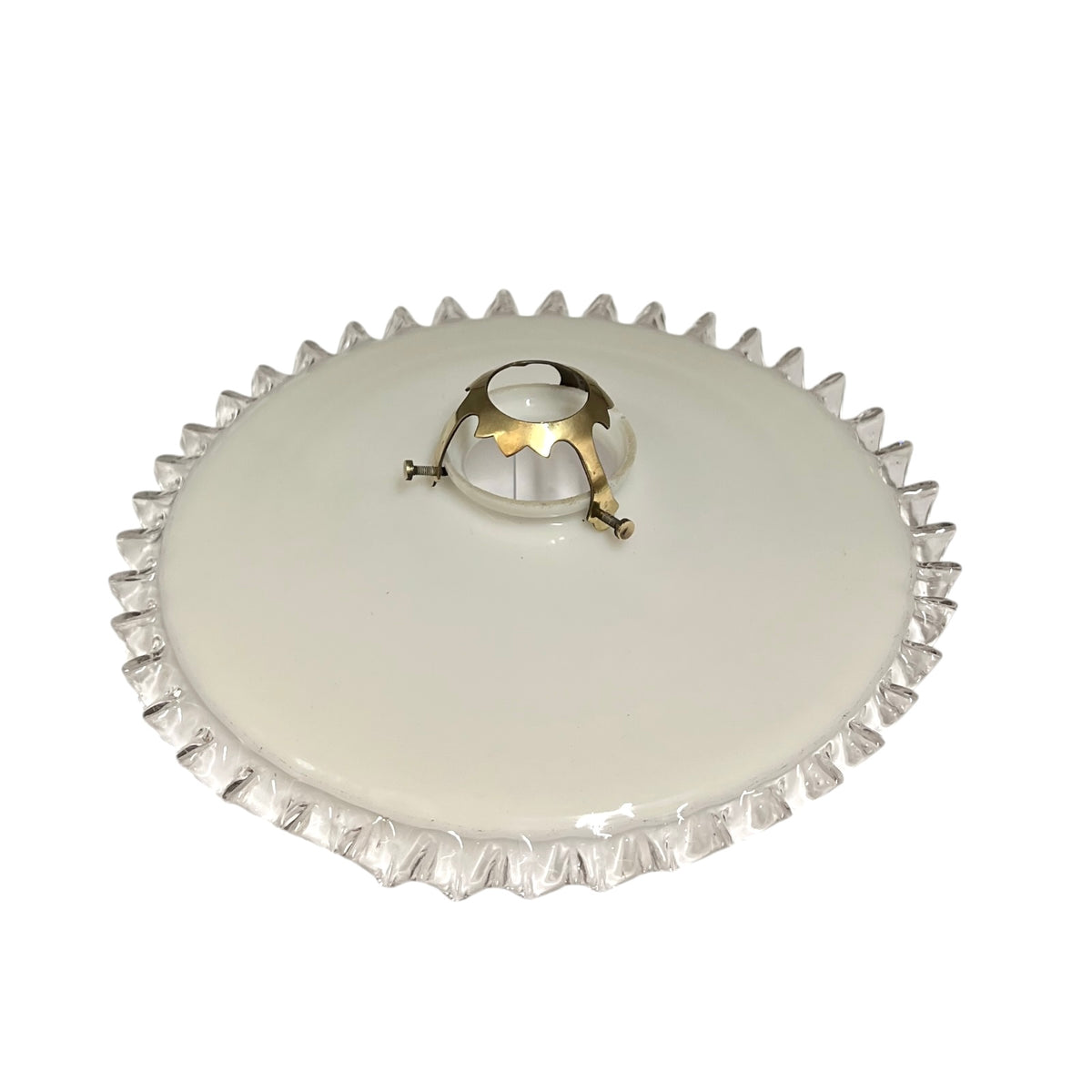 Vintage French Opaline Milk Glass Pendant Pie Crust Lampshade with Brass Collar