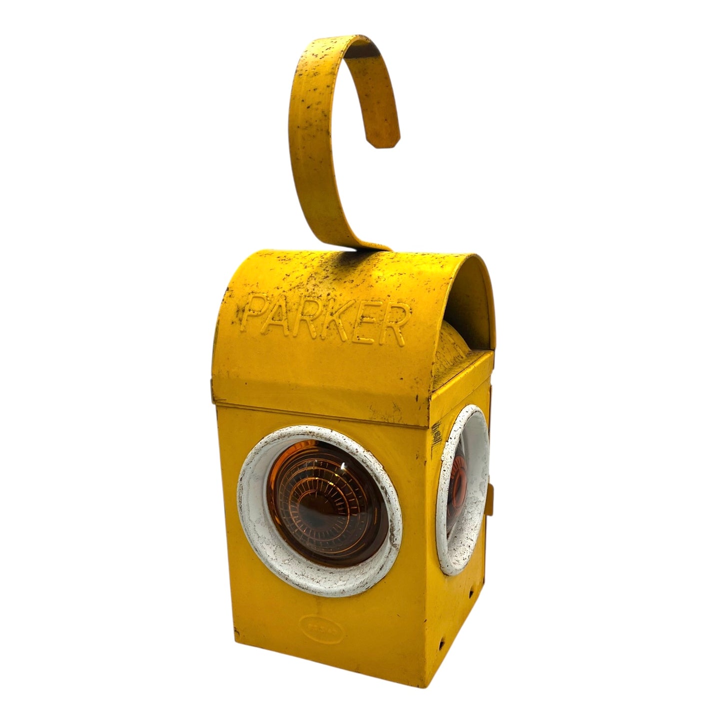 Yellow vintage-style traffic light with 'Parker' branding on a white background
