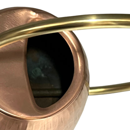 Close up of copper and brass watering can on a white background