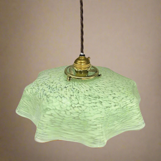 Vintage pendant light with textured green glass shade and brass fitting on a light coloured background for sale rom All Things French Store