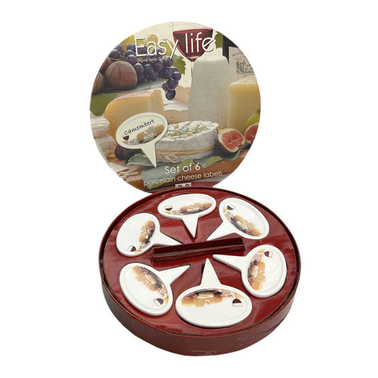 Set of 6 porcelain cheese labels in a wooden box with packaging displaying images of cheese and grapes.