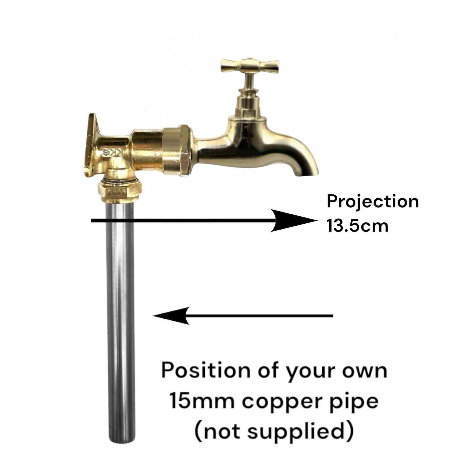 A brass faucet with a vertical copper pipe extension shown on a white background, with measurement arrows and text indicating a 13.5 cm projection and a 15 mm copper pipe position.