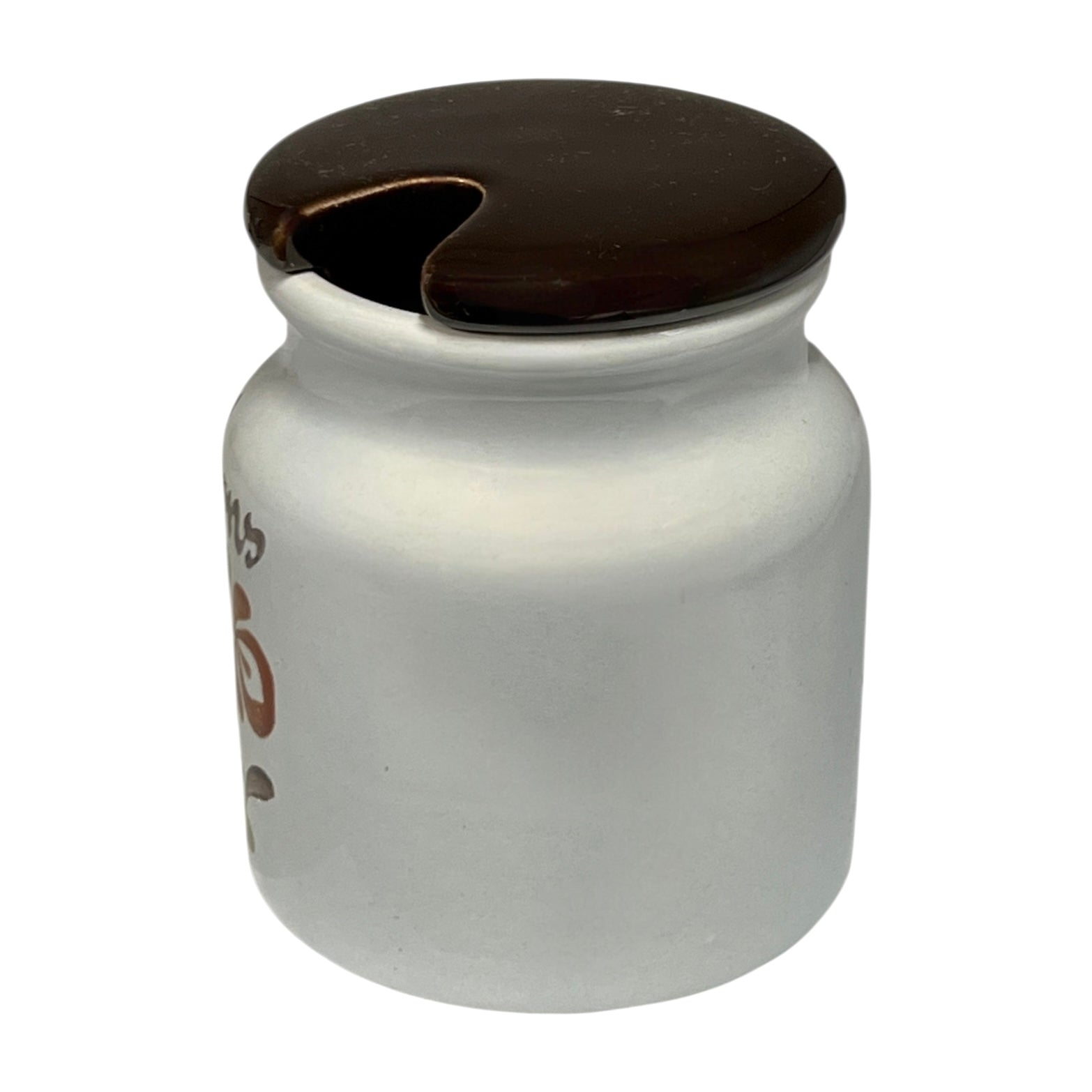 White jar with a brown lid on a white background