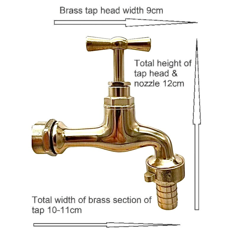 A brass tap head with a cross handle and hose connection, shown with measurement annotations including 9 cm tap head width, 12 cm total height, and 10-11 cm total width on a white background.