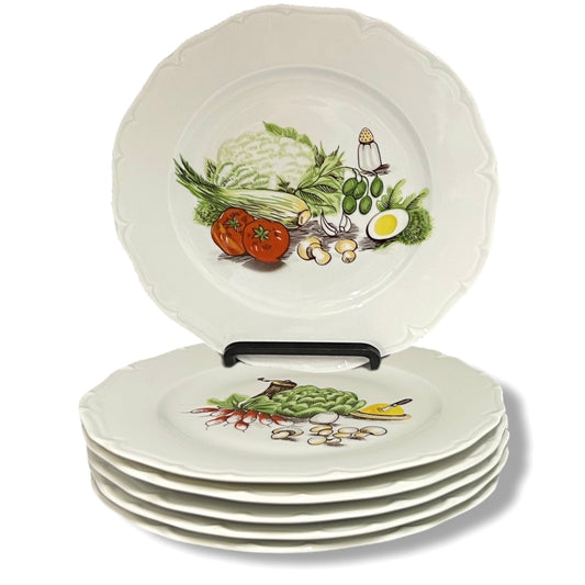 Set of six porcelain plates with decorative salad vegetable illustrations on a white background