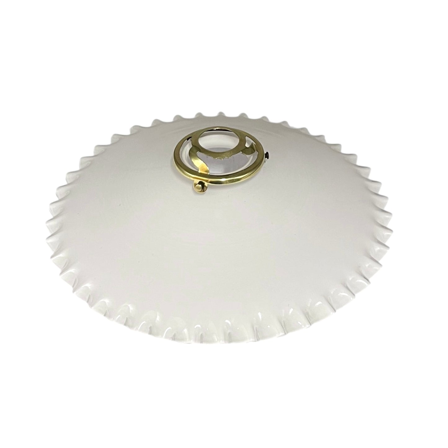 A white glass ceiling light fixture with a scalloped edge and a central gold-toned metal mounting ring, shown against a plain white background.
