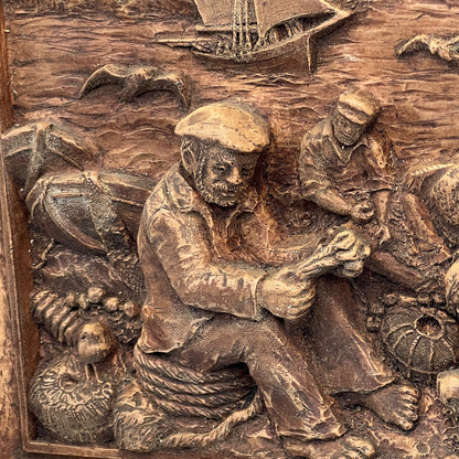 Wooden Arts and Crafts, French Vintage Sea Scene, Hand Carved Bas Relief 