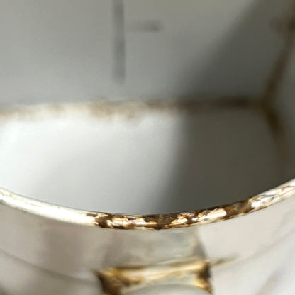 Close-up of the rim of a white pot showing heavy brown rust or mineral buildup along the edge.