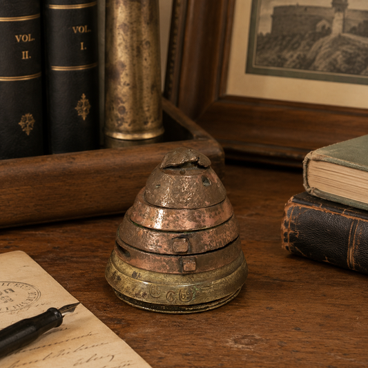 WW1 British brass relic fuse, now perfect as a paperweight, resting on a traditional desk in a study.