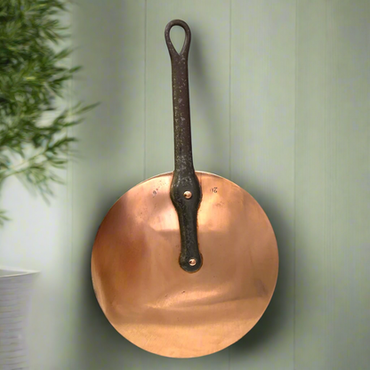 French vintage copper pan lid with a cast handle on a green wall beside a house plant