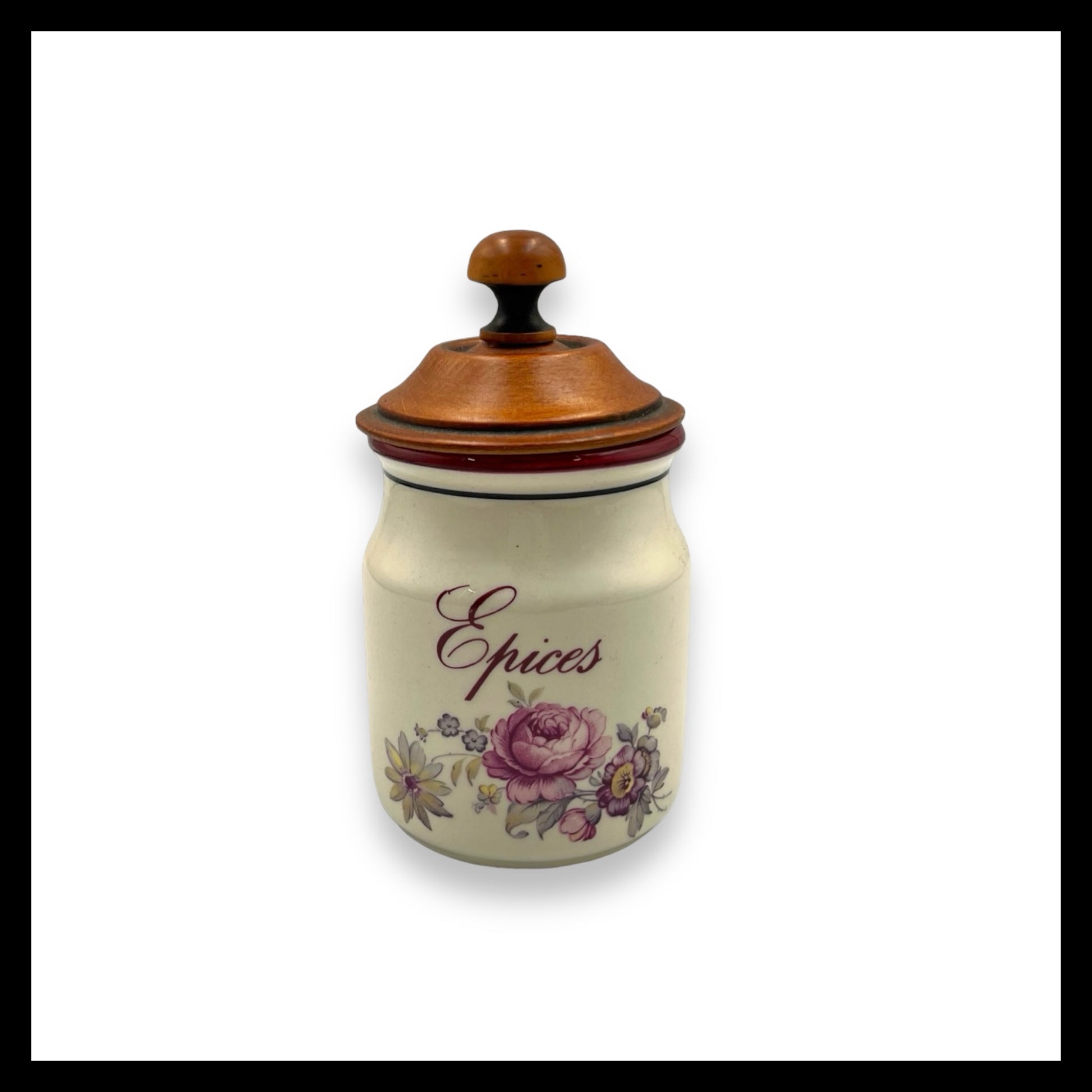 French vintage spice jar with a wooden lid for sale by All Things French Store