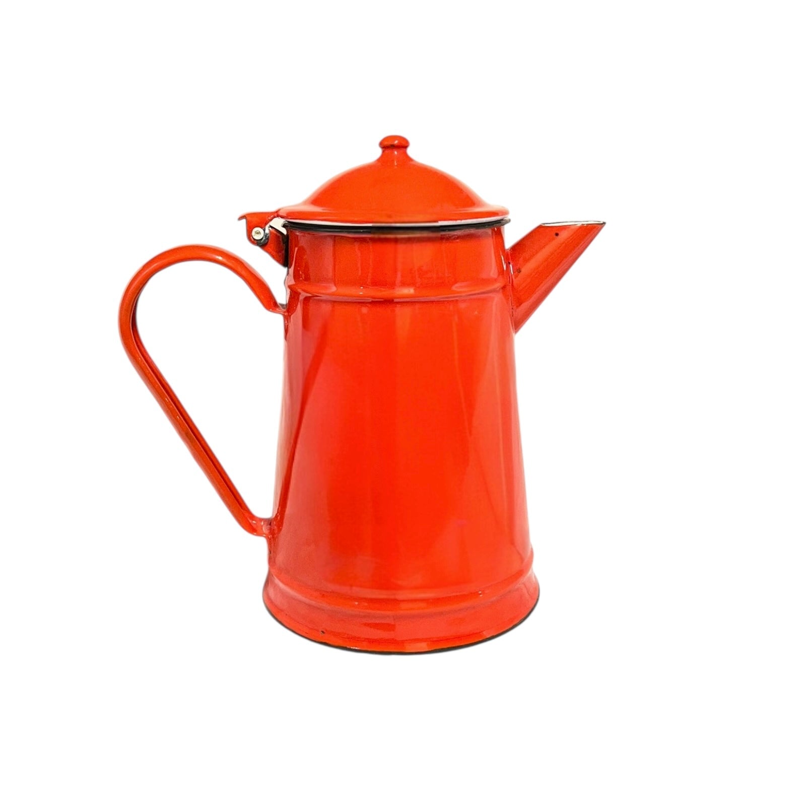 Red vintage French enamelled coffee pot on a white background