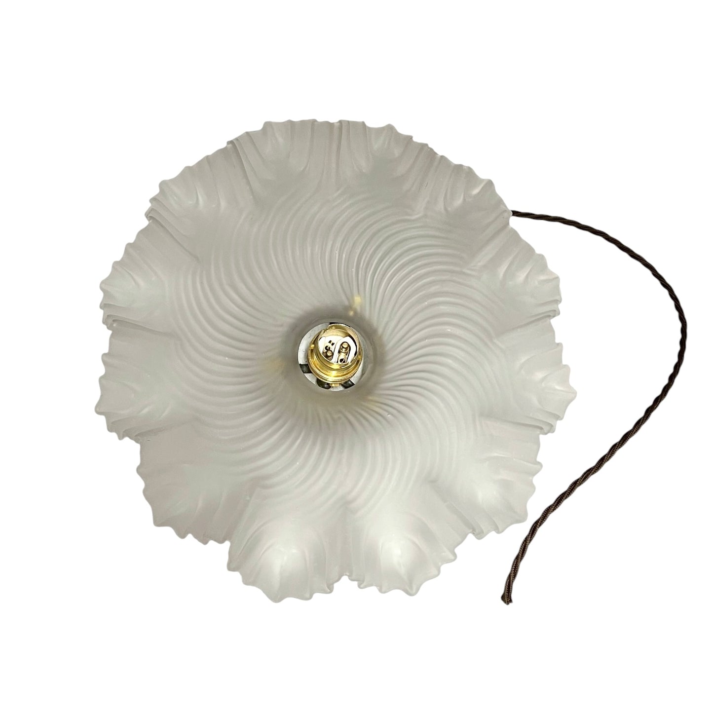 A French vintage Art Deco-style lampshade made of clear frosted glass with a frilled edge, with twisted-style wiring and brass fittings, perfect for adding charm to a period room or retro home, displayed against a white background.