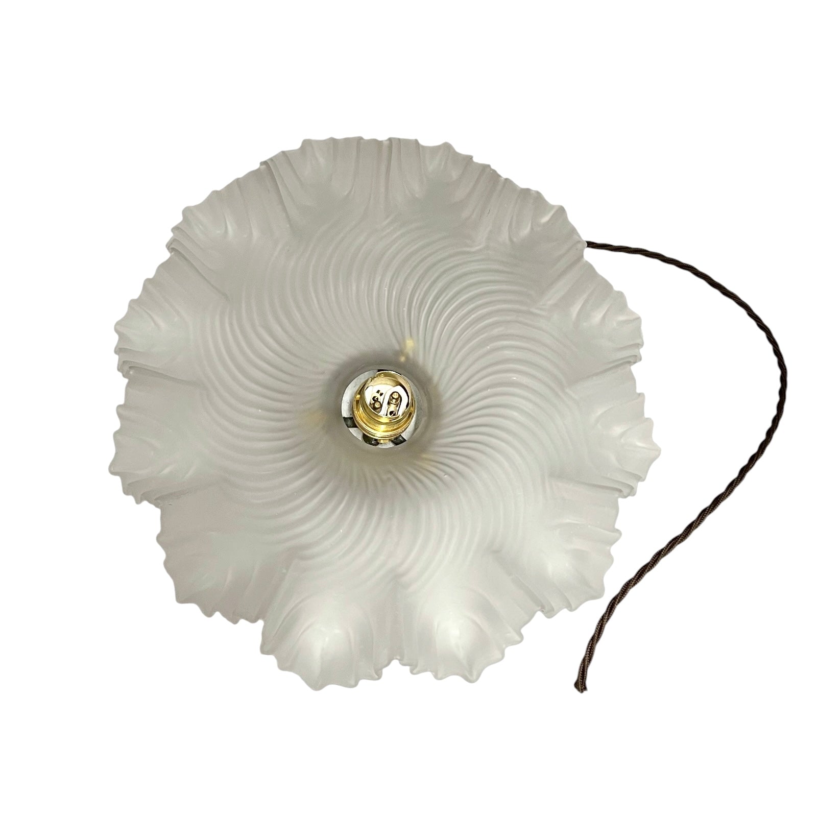 A French vintage Art Deco-style lampshade made of clear frosted glass with a frilled edge, with twisted-style wiring and brass fittings, perfect for adding charm to a period room or retro home, displayed against a white background.