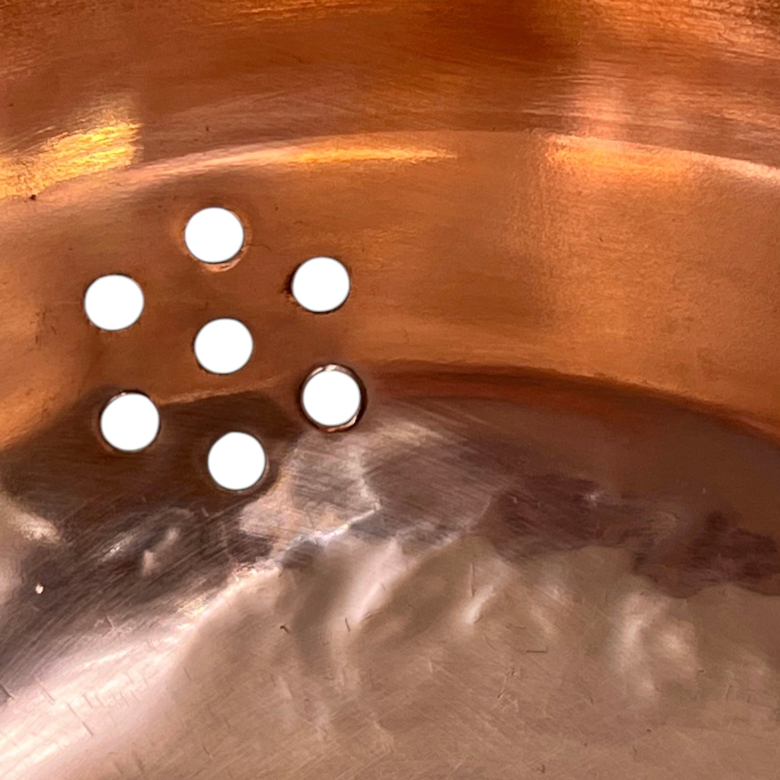close up view of French Copper Sieve with Brass Handles