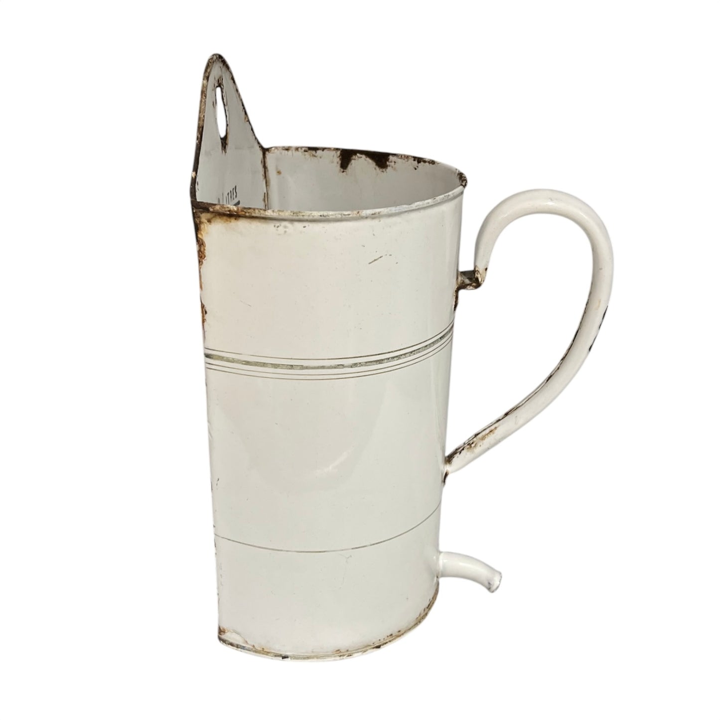 A vintage white enamel pitcher with a distressed finish, featuring rusted details and a small metal spout, isolated on a white background.